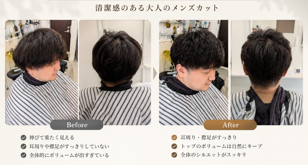 ストライプ柄の男性ヘアスタイル、左右のビフォーアフターで後ろ姿と整ったシルエットを比較。