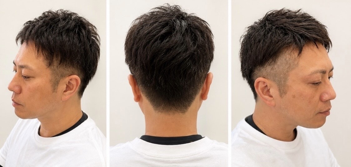 横顔と後ろ姿の3枚構成、短髪の男性モデルのヘアスタイル比較写真。